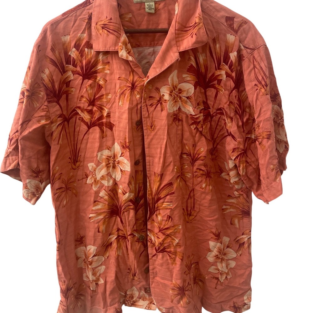 Tommy Bahama Mens Silk Aloha‎ Shirt Coral Floral Palm Tree Print SzL Resortwear